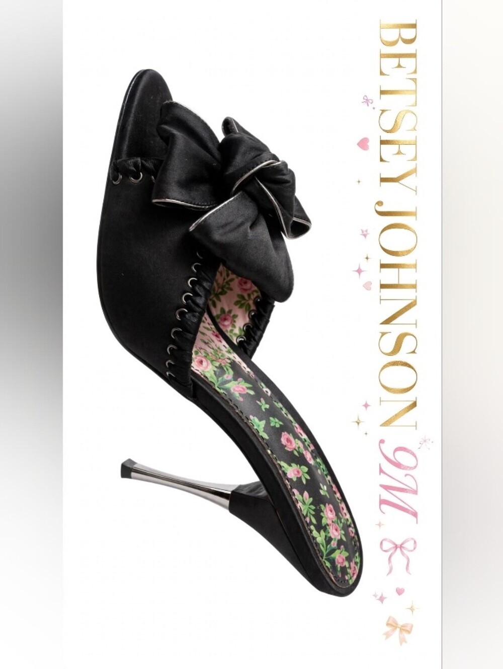 Y2K BETSEY JOHNSON Black Satin Bow Mule Heels. Size 9M Silver Stiletto